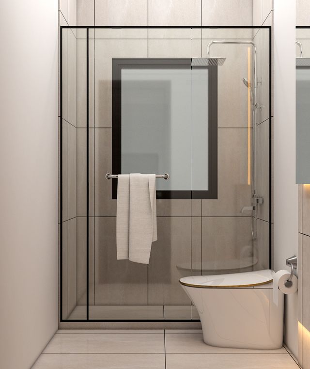 Glass shower cubicle separating wet and dry bathroom areas