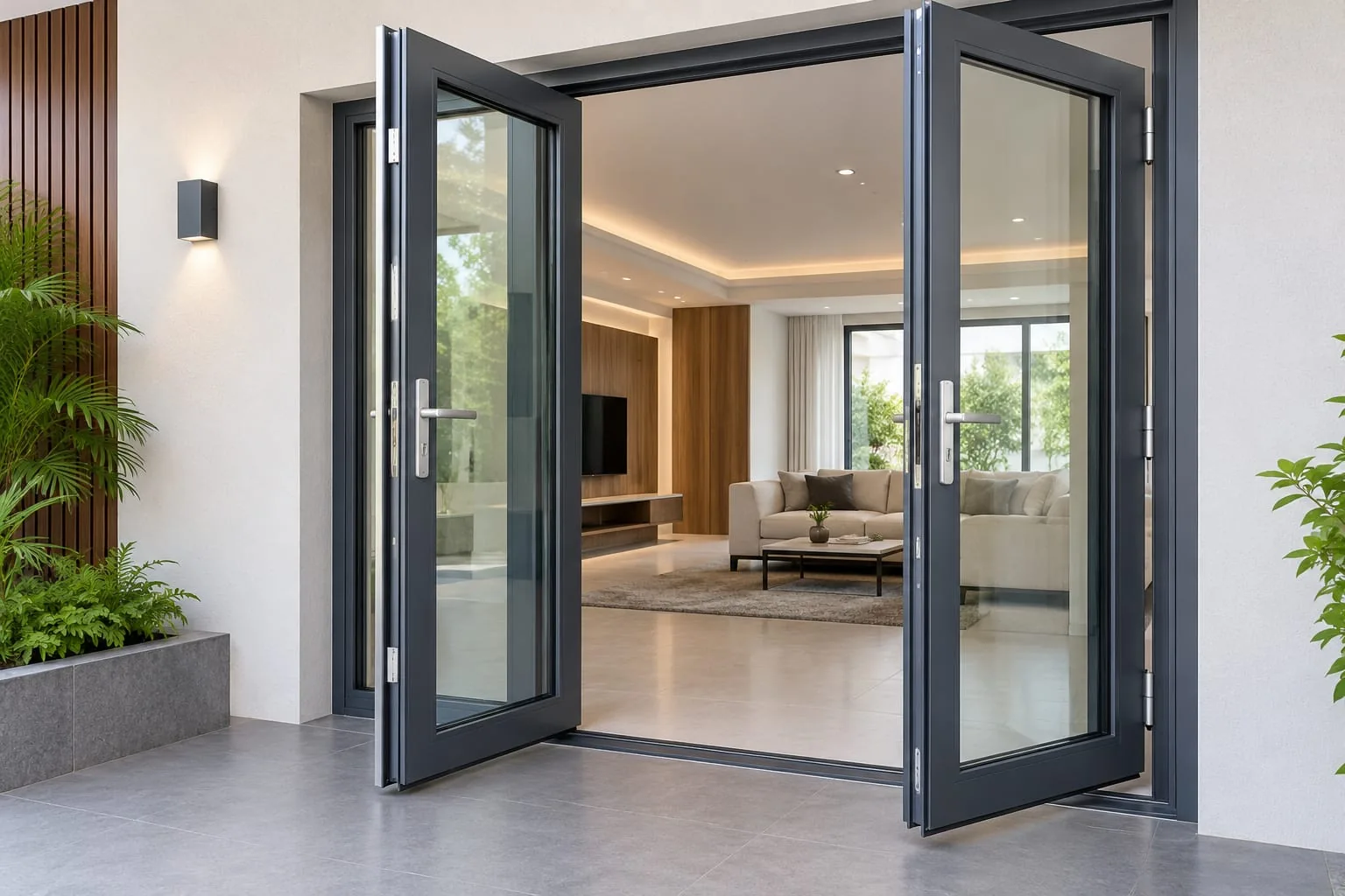 Doors / Openable Doors: A hinged door that opens inward or outward using side hinges. Suitable for main entrances, rooms, balconies, and areas requiring wide opening and easy access.