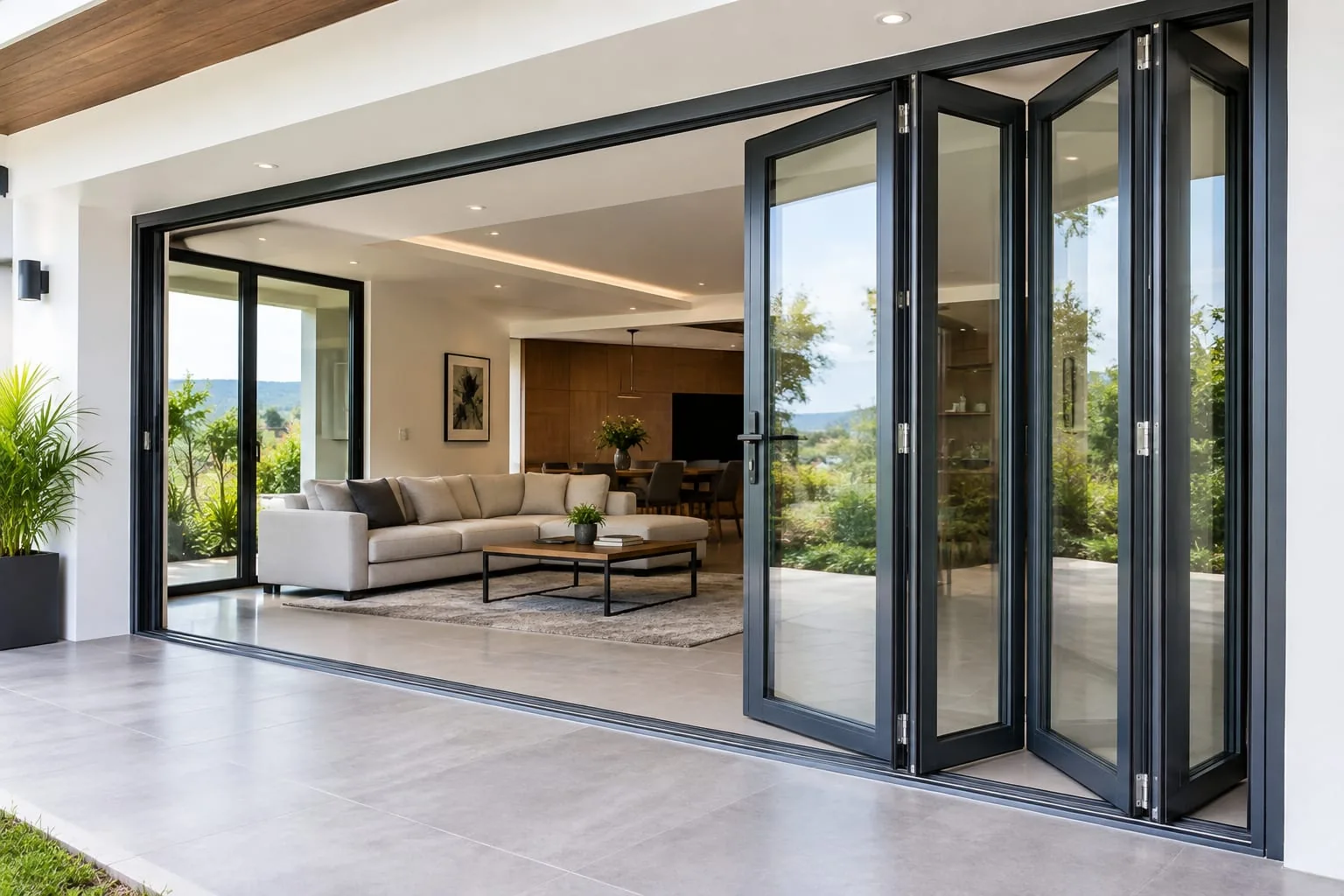 Doors / Folding Doors: A multi-panel door system in which the panels fold and stack to one or both sides when opened. It provides a wide, unobstructed opening and is commonly used for balconies, patios, living rooms, and large openings in premium homes.